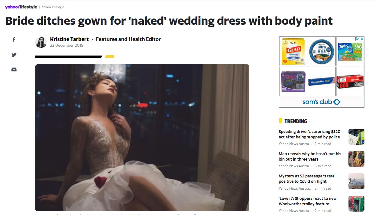 Yahoo Lifestyle feature on the body-painted wedding dress